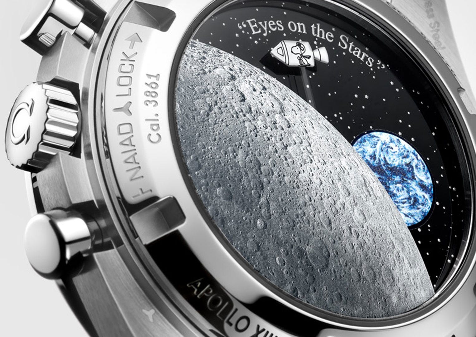 The new Snoopy Omega Speedmaster features a small Snoopy riding the Apollo 13 command module around the moon